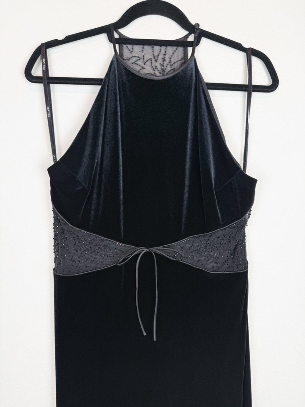Vintage 90s Black Velvet High Neck Mesh Cutout Beaded Gown Full Length Dress - Picture 4 of 12